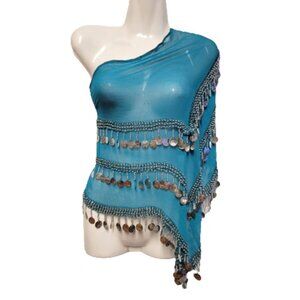 Teal Hip Scarf 3 Cascading Rows of Silver Coins Long and Wide Sheer Wrap Skirt
